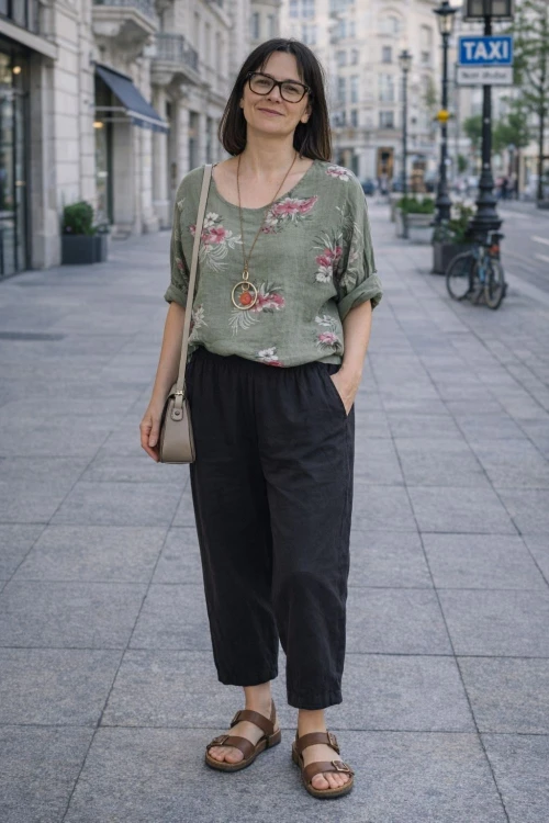 Bluzka damska bawełniana khaki kwiaty oversize luźna boho Uni