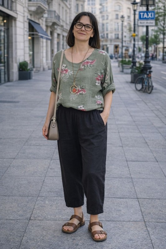 Bluzka damska bawełniana khaki kwiaty oversize luźna boho Uni