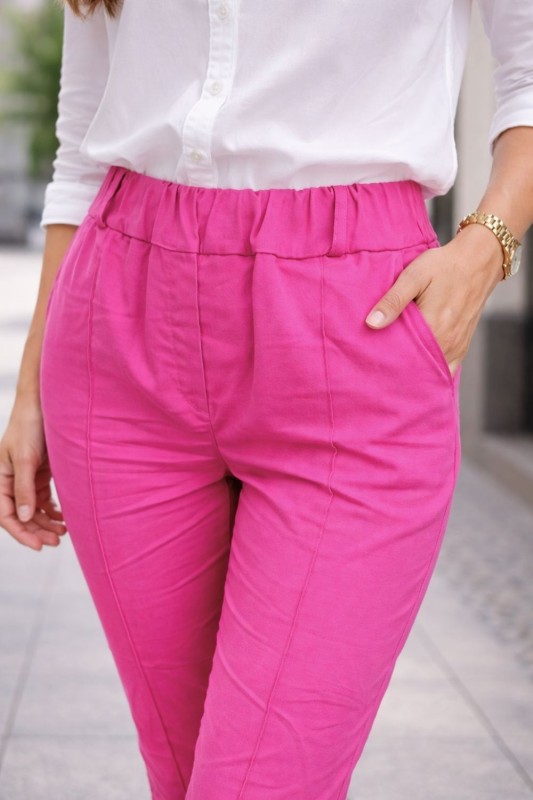 Spodnie damskie różowe z przeszyciami gumka wysoki stan Uni