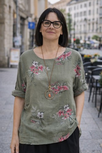 Bluzka damska bawełniana khaki kwiaty oversize luźna boho Uni
