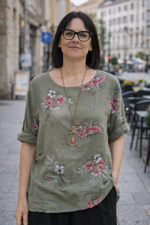Bluzka damska bawełniana khaki kwiaty oversize luźna boho Uni
