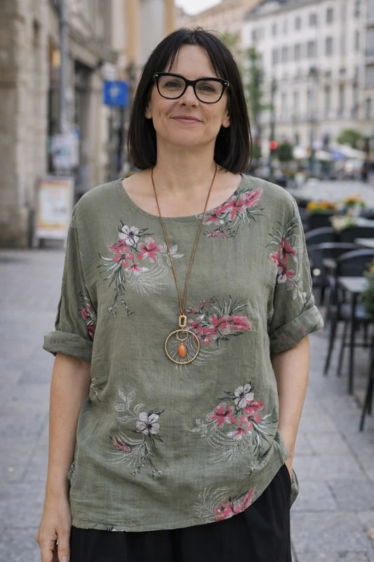 Bluzka damska bawełniana khaki kwiaty oversize luźna boho Uni