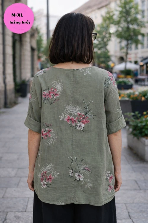 Bluzka damska bawełniana khaki kwiaty oversize luźna boho Uni