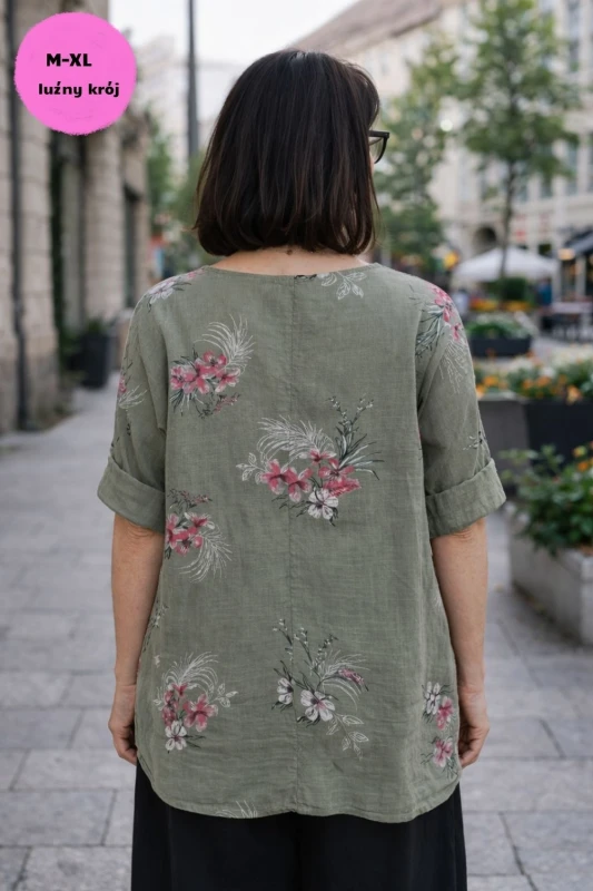 Bluzka damska bawełniana khaki kwiaty oversize luźna boho Uni
