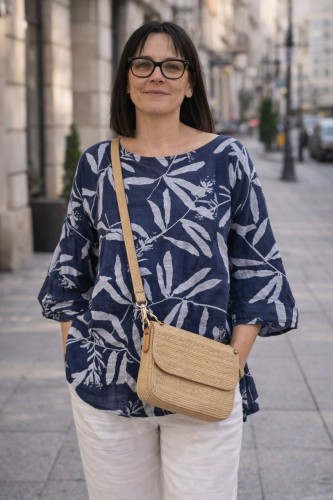 Bluzka damska granatowa w liście oversize bawełna 100% Uni