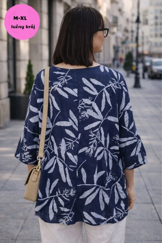 Bluzka damska granatowa w liście oversize bawełna 100% Uni