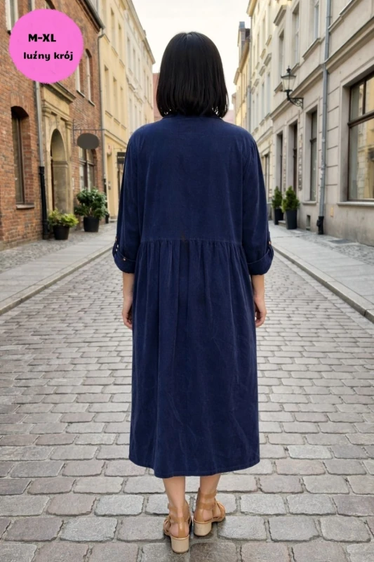 Sukienka Damska Sztruksowa Granatowa Oversize Guziki Kieszenie Casual Uni