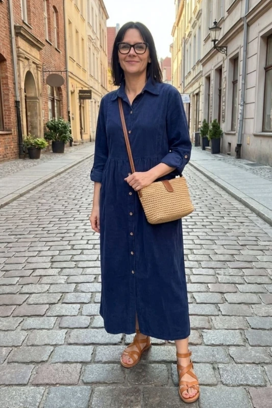 Sukienka Damska Sztruksowa Granatowa Oversize Guziki Kieszenie Casual Uni