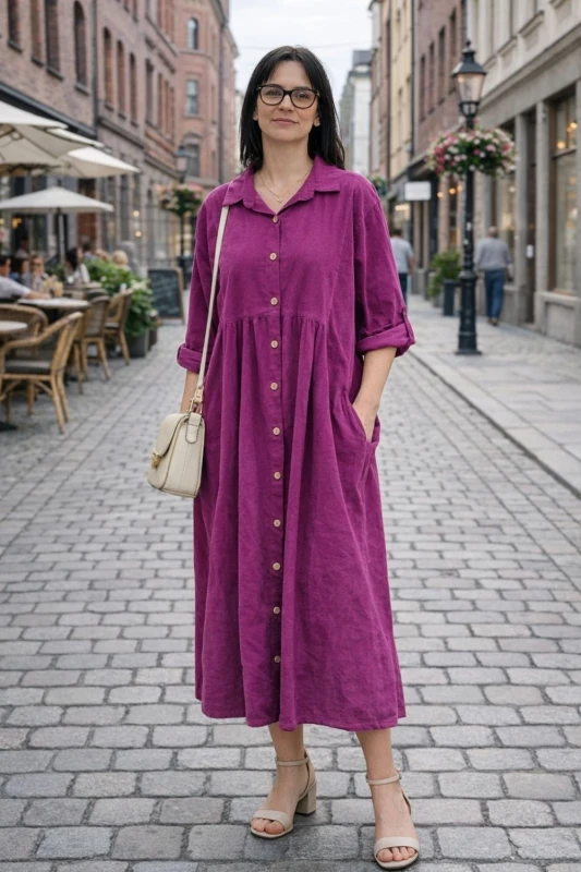 Sukienka Damska Sztruksowa Purpurowa Oversize Guziki Kieszenie Casual Uni