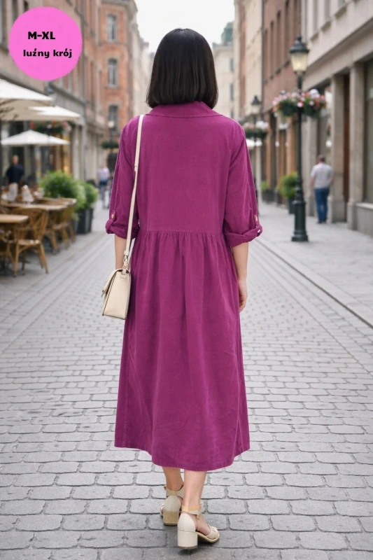 Sukienka Damska Sztruksowa Purpurowa Oversize Guziki Kieszenie Casual Uni