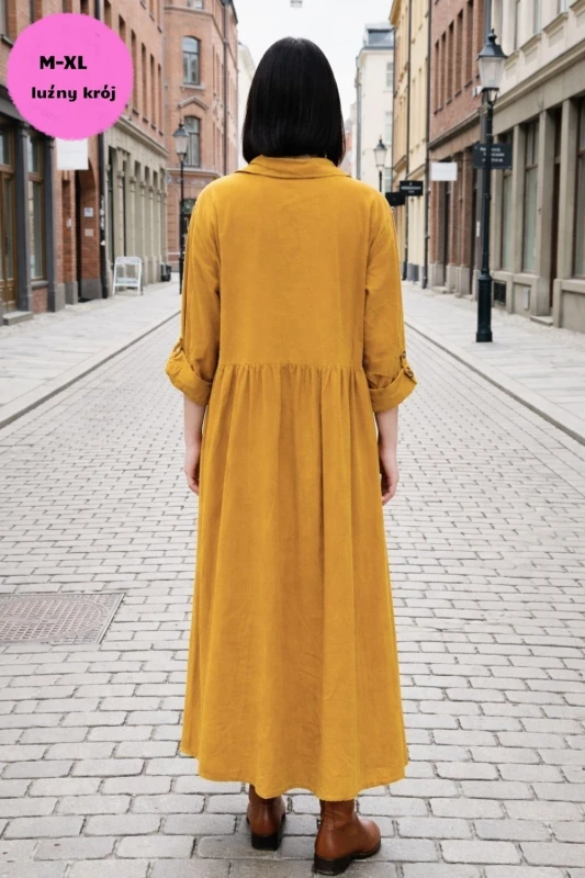 Sukienka Damska Sztruksowa Musztardowa Oversize Guziki Kieszenie Casual Uni
