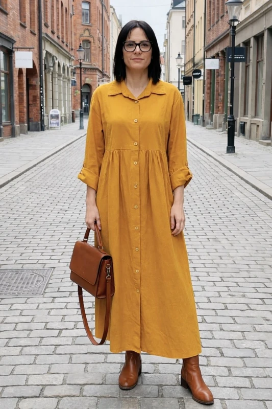 Sukienka Damska Sztruksowa Musztardowa Oversize Guziki Kieszenie Casual Uni