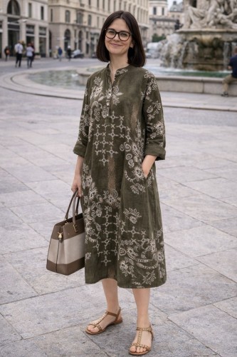 Sukienka damska khaki boho oversize wzory mandala luźna sztruksowa Italy