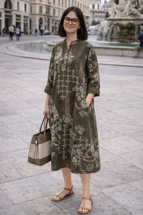 Sukienka damska khaki boho oversize wzory mandala luźna sztruksowa Italy
