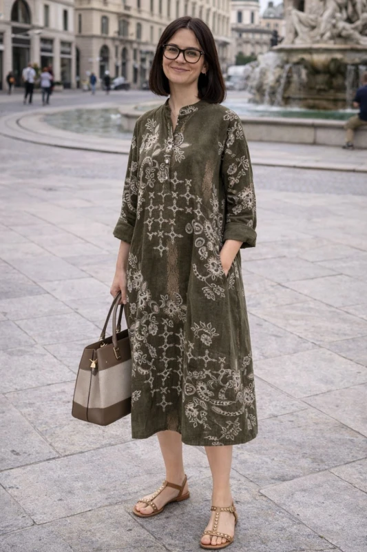 Sukienka damska khaki boho oversize wzory mandala luźna sztruksowa Italy