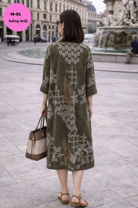 Sukienka damska khaki boho oversize wzory mandala luźna sztruksowa Italy