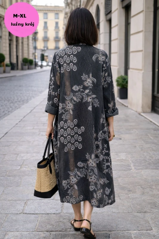Sukienka damska grafit boho oversize wzory mandala luźna sztruksowa Italy