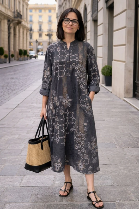 Sukienka damska grafit boho oversize wzory mandala luźna sztruksowa Italy