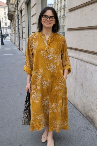 Sukienka damska musztardowa boho oversize wzory mandala luźna sztruksowa Italy