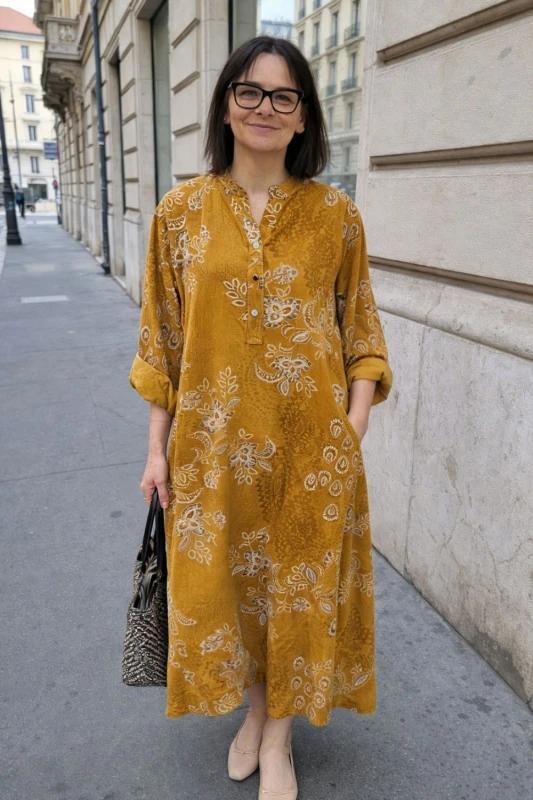 Sukienka damska musztardowa boho oversize wzory mandala luźna sztruksowa Italy