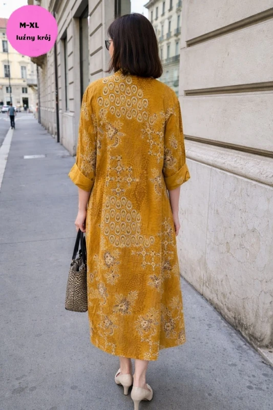 Sukienka damska musztardowa boho oversize wzory mandala luźna sztruksowa Italy