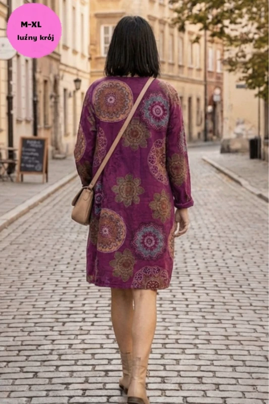 Sukienka damska śliwkowa boho oversize wzory mandala sztruksowa Uni