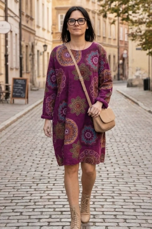 Sukienka damska śliwkowa boho oversize wzory mandala sztruksowa Uni