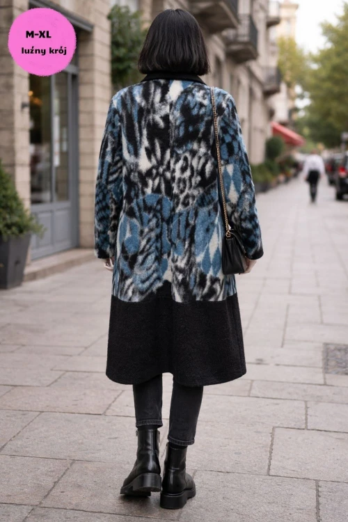 Płaszcz damski wełniany 80% WOOL włoski oversize turkusowy wzór Uni