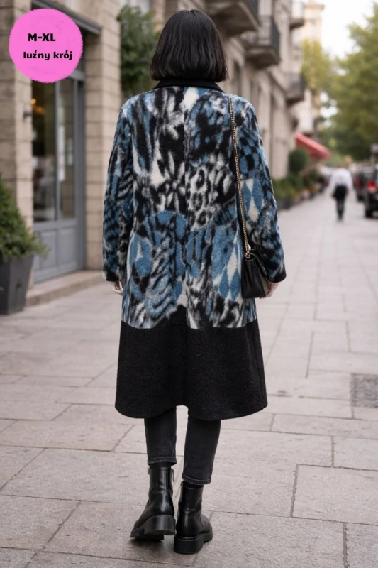 Płaszcz damski wełniany 80% WOOL włoski oversize turkusowy wzór Uni