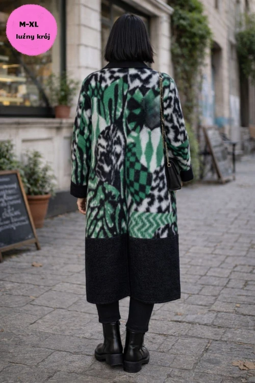 Płaszcz damski wełniany 80% WOOL włoski oversize zielony wzór Uni