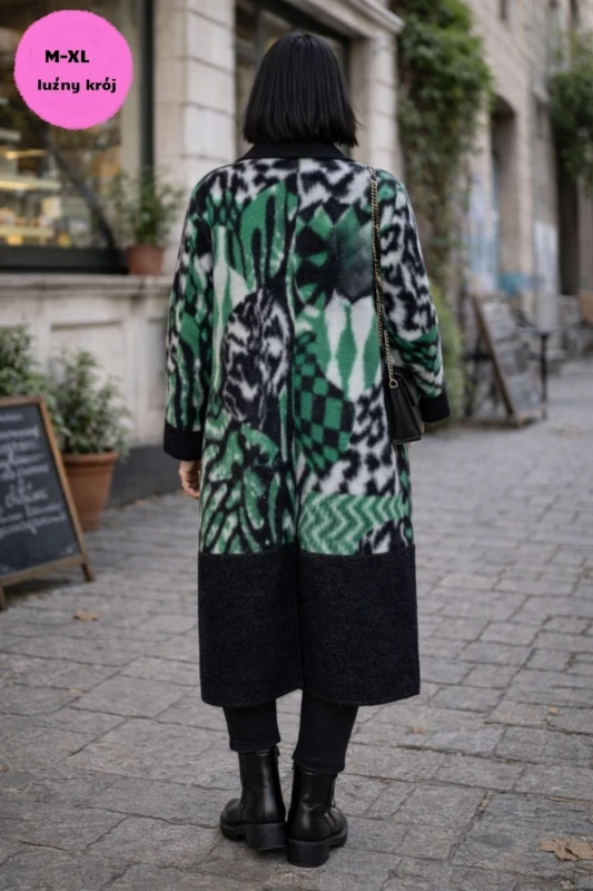 Płaszcz damski wełniany 80% WOOL włoski oversize zielony wzór Uni