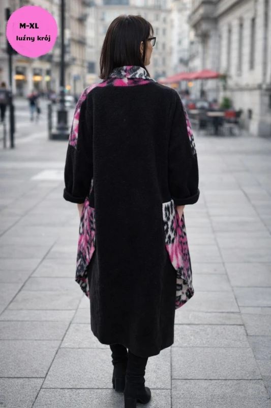 Płaszcz damski wełniany 80% WOOL włoski oversize różowy wzór Uni