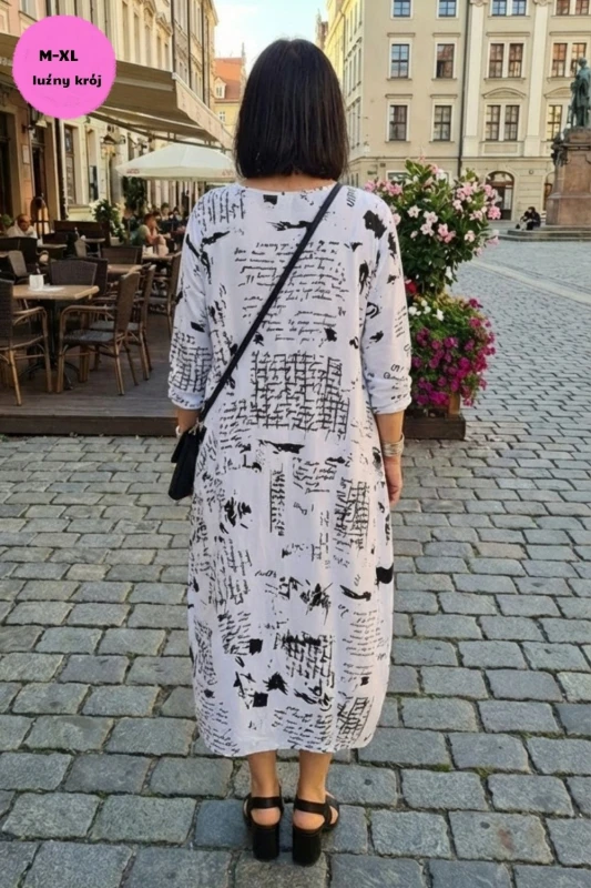 Sukienka damska oversize biała napisy kieszenie Made in Italy bawełna Uni