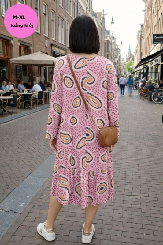 Sukienka damska luźna oversize różowa wzory kieszenie casual Uni