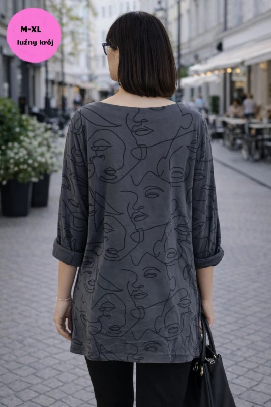 Bluzka damska oversize grafitowa – luźna, wygodna, print twarzy Uni