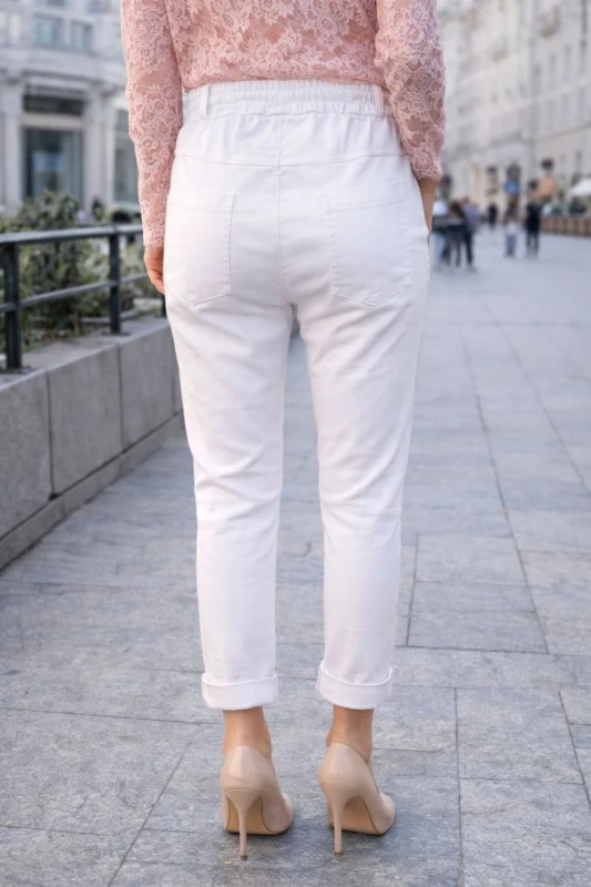 Spodnie damskie białe casual eleganckie gumka wysoki stan włoskie Uni