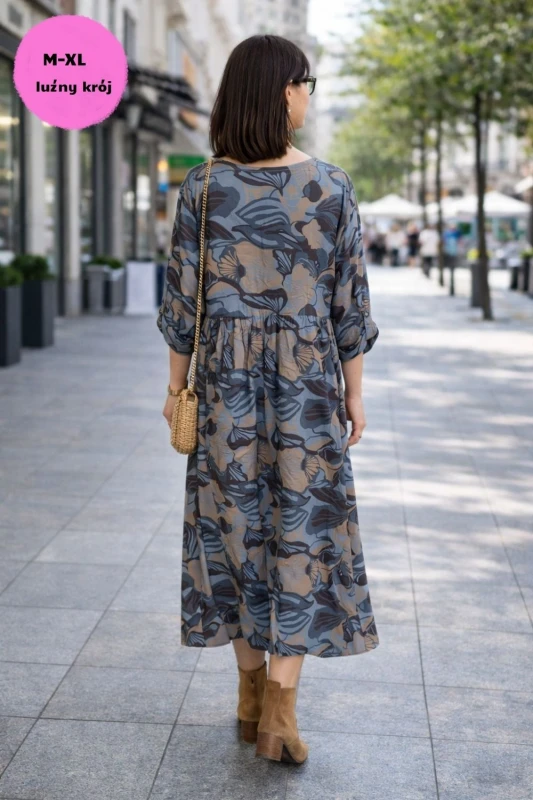 Sukienka damska szara oversize wzorzysta ITALY luźna midi boho