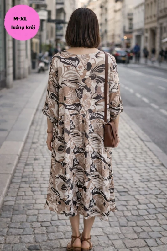 Sukienka damska brązowa oversize wzorzysta ITALY luźna midi boho