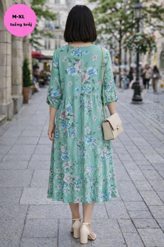 Sukienka damska midi zielona w kwiaty V-neck oversize lekka wiosna lato
