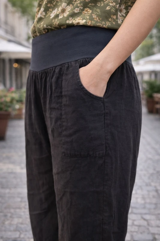 Spodnie damskie czarne 100% len casual Italy luźne Uni