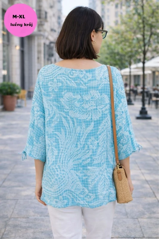 Bluzka damska oversize Włoska 100% bawełna turkusowo biała boho kwiaty