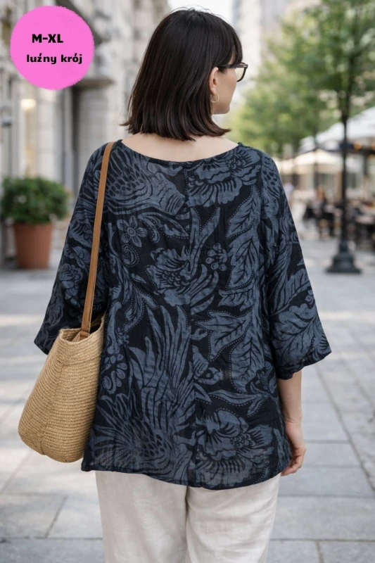 Bluzka damska oversize Włoska 100% bawełna czarno szara boho kwiaty
