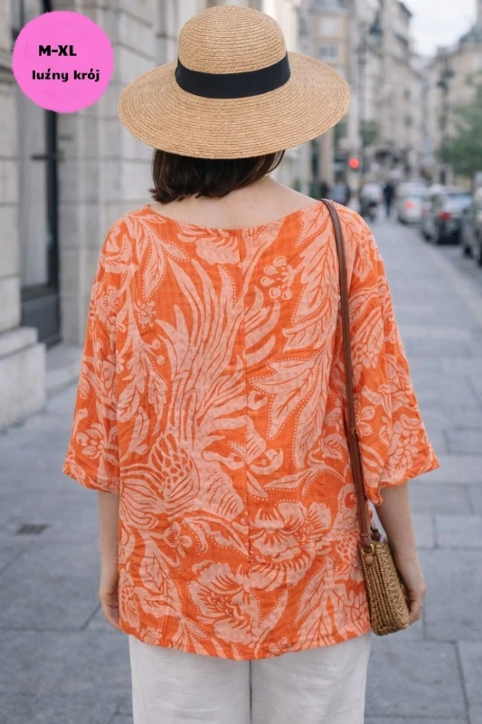 Bluzka damska oversize Włoska 100% bawełna pomarańczowo biała boho kwiaty