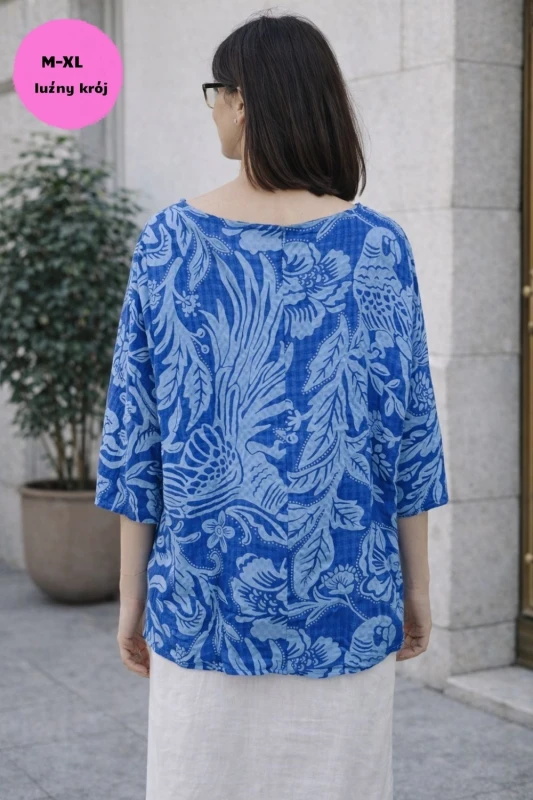 Bluzka damska oversize Włoska 100% bawełna niebiesko biała boho kwiaty
