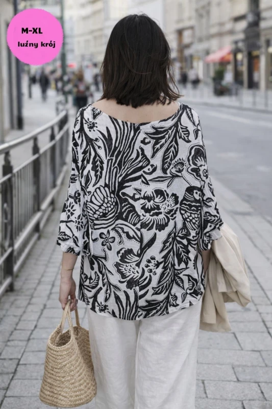 Bluzka damska oversize Włoska 100% bawełna czarno biała boho kwiaty