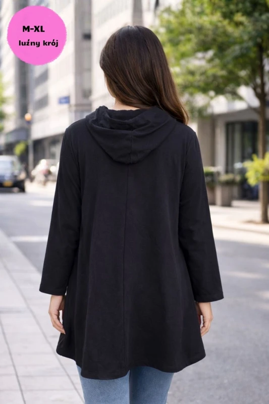 Bluza damska czarna z kapturem oversize asymetryczna kieszeń Uni