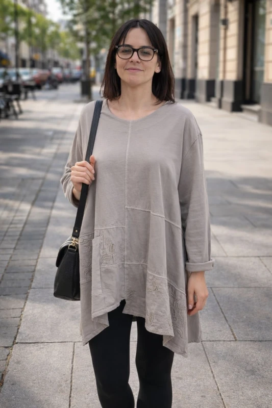 Bluzka tunika damska oversize beżowa 100% bawełna Made in Italy luźna casual