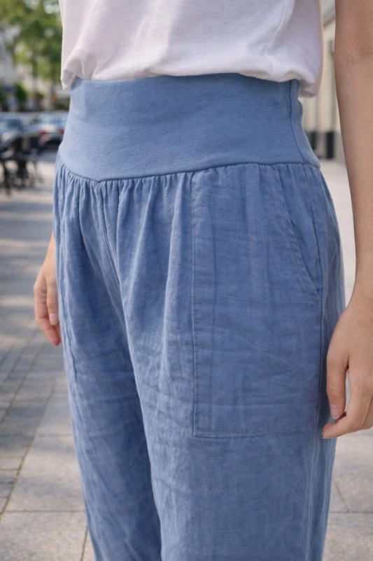 Spodnie damskie niebieskie 100% len casual Italy luźne Uni