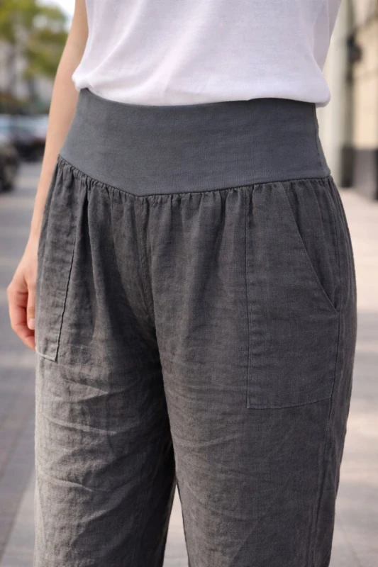Spodnie damskie grafit 100% len casual Italy luźne Uni