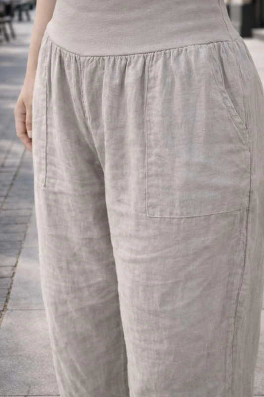 Spodnie damskie beżowe 100% len casual Italy luźne Uni